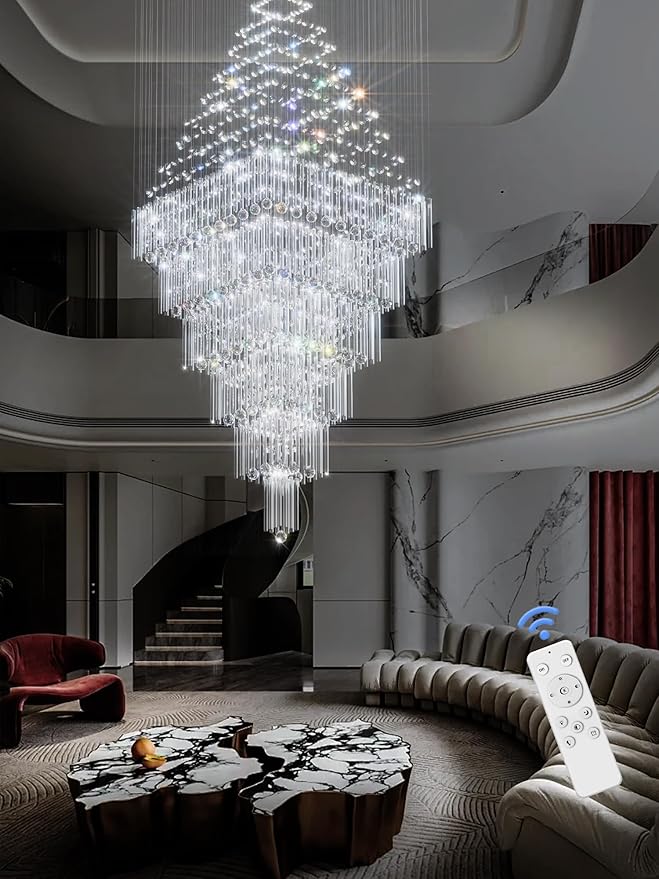 Flashing God D48''X H120'' Extra Large Chandeliers for High Ceilings Square Crystal Raindrop Gold Chandeliers Large Villa Chandelier Entrance Foyer Ceiling Light LED Dimmable 2700K-6000K