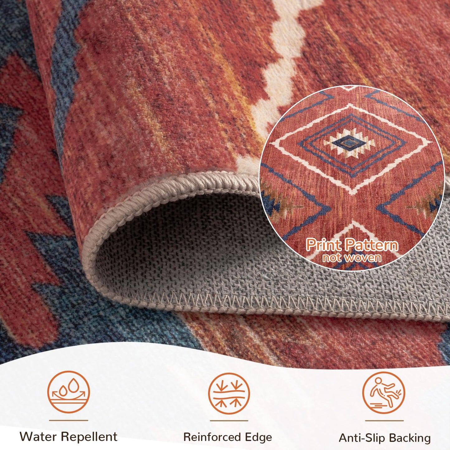 Area Rug 5x7 Rug Machine Washable Non-Slip Low Pile Print Pattern Western Rug for Living Room Bedroom Entryway Tribal Series -Red/Orange