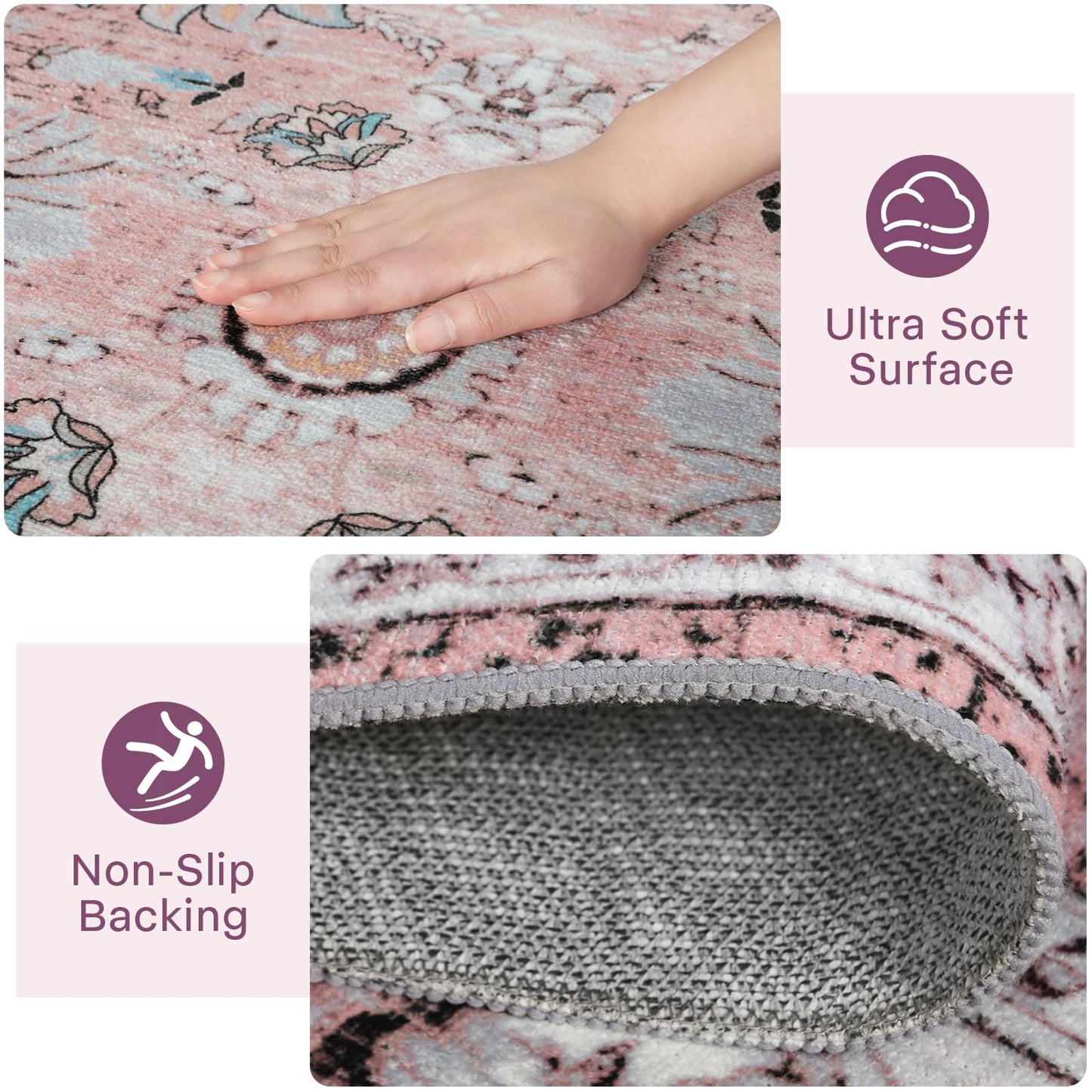 ULTSOFE Machine Washable Rug 4x6 Boho Area Rug, Pink Rugs for Bedroom Girls Bedside Living Room Dining Room Office, Anti Slip Low-Pile Stain Resistant Printed Vintage Floral Carpet Rugs