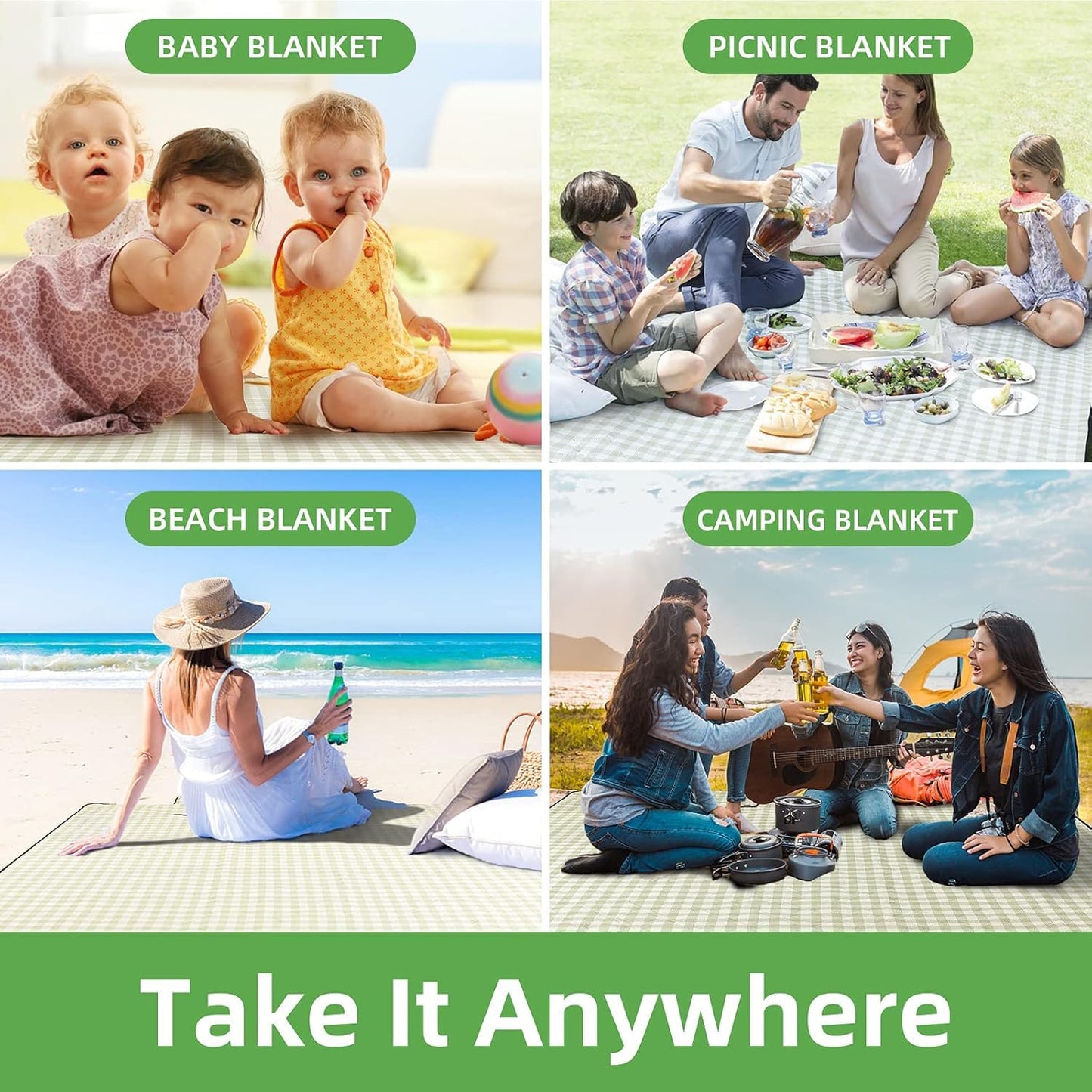 Zyntrytong 70"x 70" Picnic Blanket Extra Large,Layer Outdoor Blanket for 5 to 7 Adults,Camping Grass Lawn Park Accessories Cute Couple Gifts Ideas Wedding Registry for Park, Beach (White)