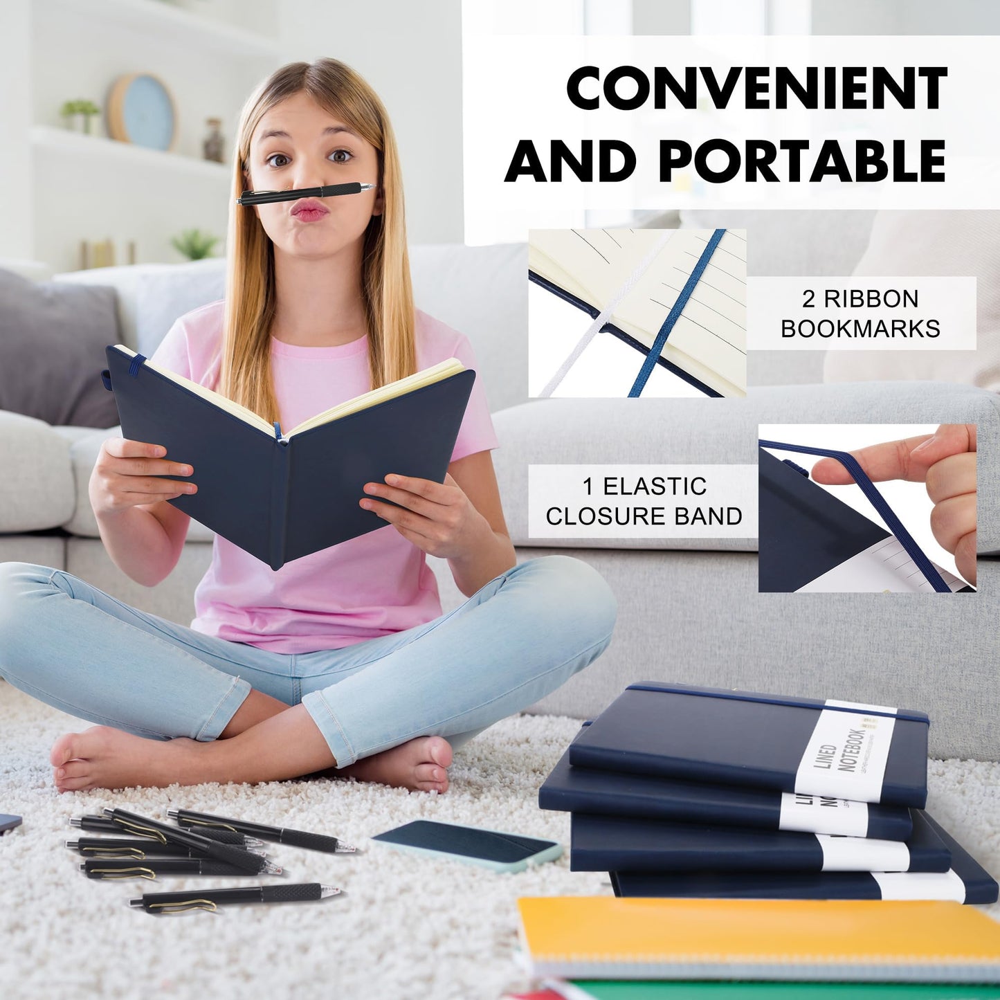 Aodaer 30 Set Lined Notebook Journals with Pens A5 Notebooks 100 GSM College Ruled Hardcover Notebook PU Leather Notepad with Pen Holder for Office School, 5.7 x 8.3 Inches, Navy Blue