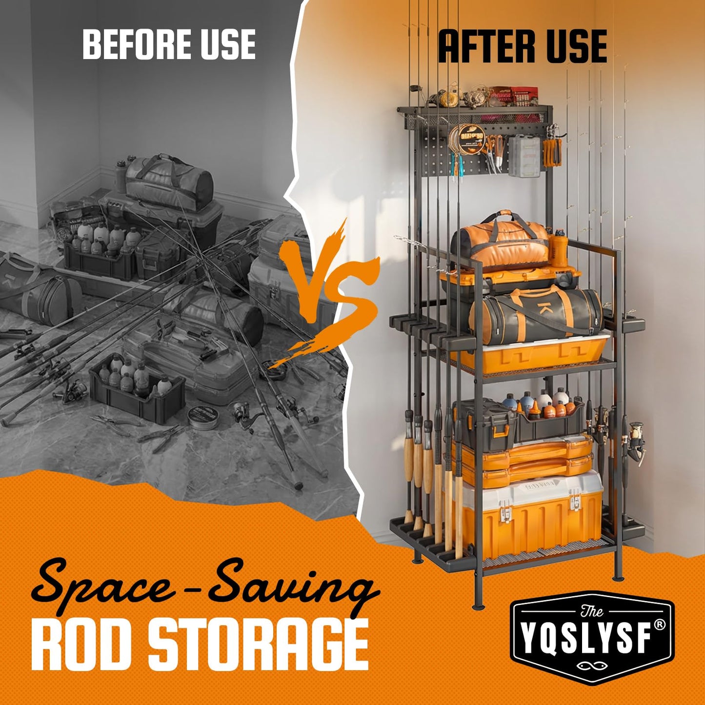 YQSLYSF Fishing Rod Holders for Garage with Pegboard & Metal Mesh Basket, Fishing Rod Storage Rack, Vertical Fishing Pole Holder for Up to 12 Poles, Tackle Gear Organizer