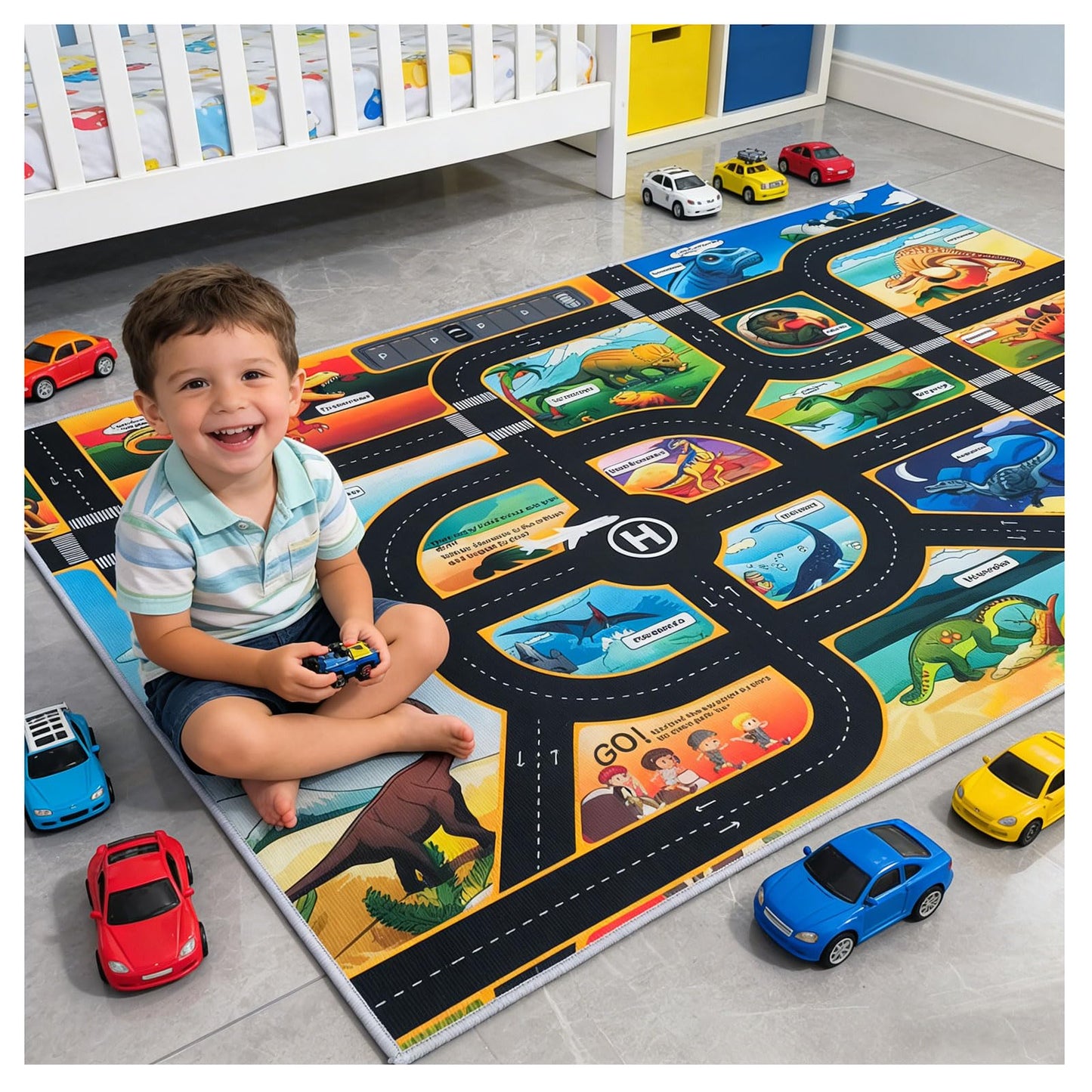 CLAILEIRS Cartoon Dinosaur Rug, Washable Dinosaur Mat with Road, Dino Play Mat Carpet for Boys Bedroom, Playroom (47"×71")