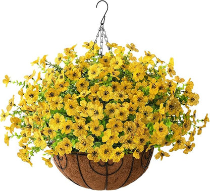 Artificial Faux Hanging Plants Flowers Basket for Fall Outdoor Decoration, Fake Silk Daisy in Planter Realistic UV Resistant Look Real for Porch Home Patio Balcony Yard(Yellow)