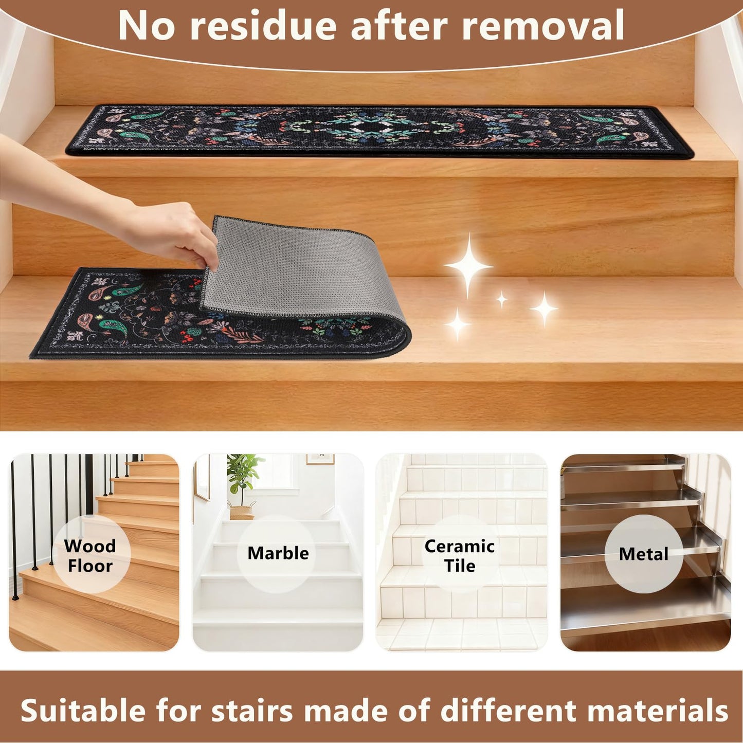 Retro Stair Treads Non Slip for Wooden Steps 15PCS 8"x30" Stair Carpet Treads TPR Backing Soft Stair Rugs Runner Washable Reusable Indoor Safety Stair Mats for Elders Kids Dogs Black