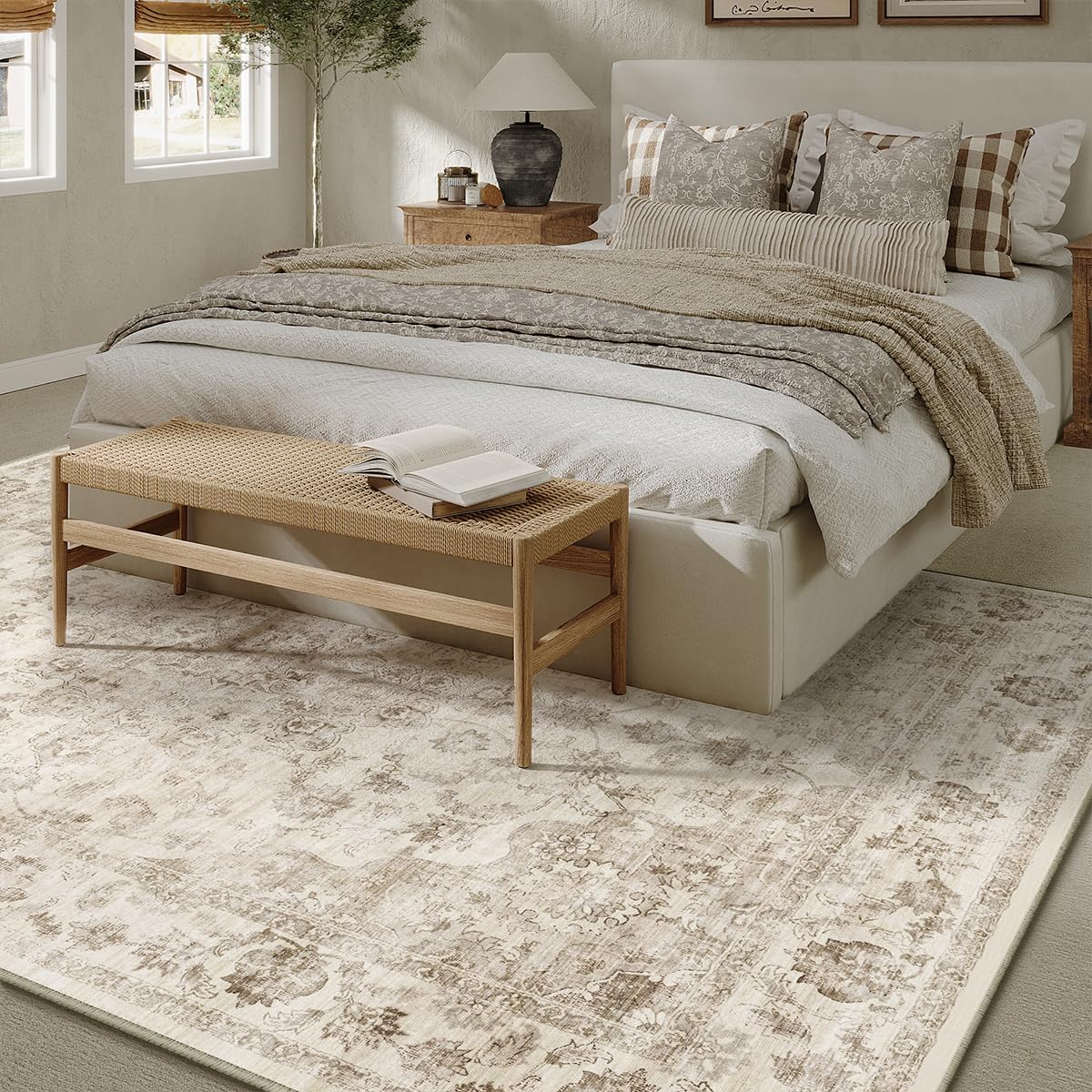 WondRg 10x14 Neutral Area Rug Beige Vintage Living Room Bedroom Washable Carpet Non-Slip Soft Low Pile Farmhouse Indoor Large Throw Rug for Dining Room Office