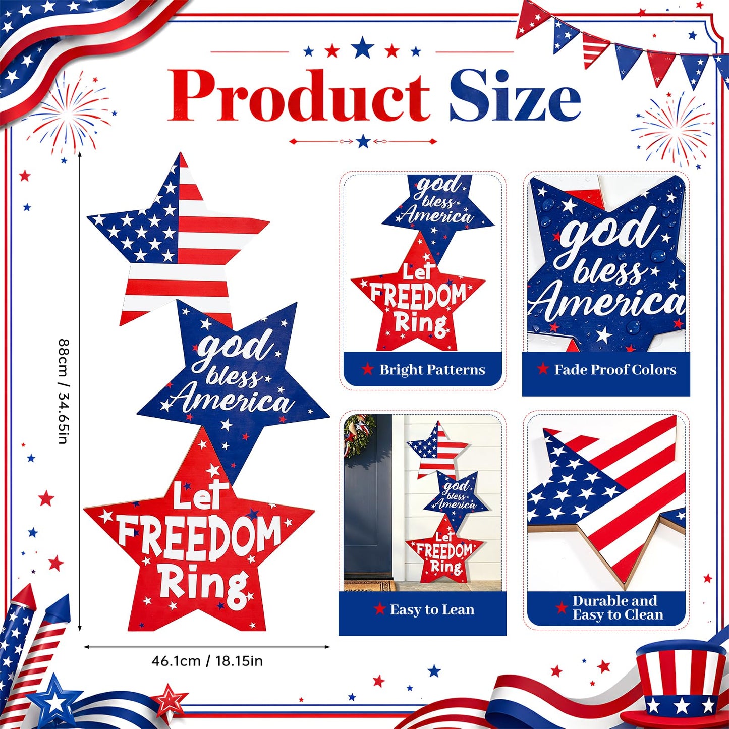 LawnIdyll 4th of July Large Wooden Star Porch Sign, Independence Day Standing Decoration God Bless America Star Shape Sign for Patriotic 250 Anniversary Red White Blue Outdoor Indoor Yard Front Door