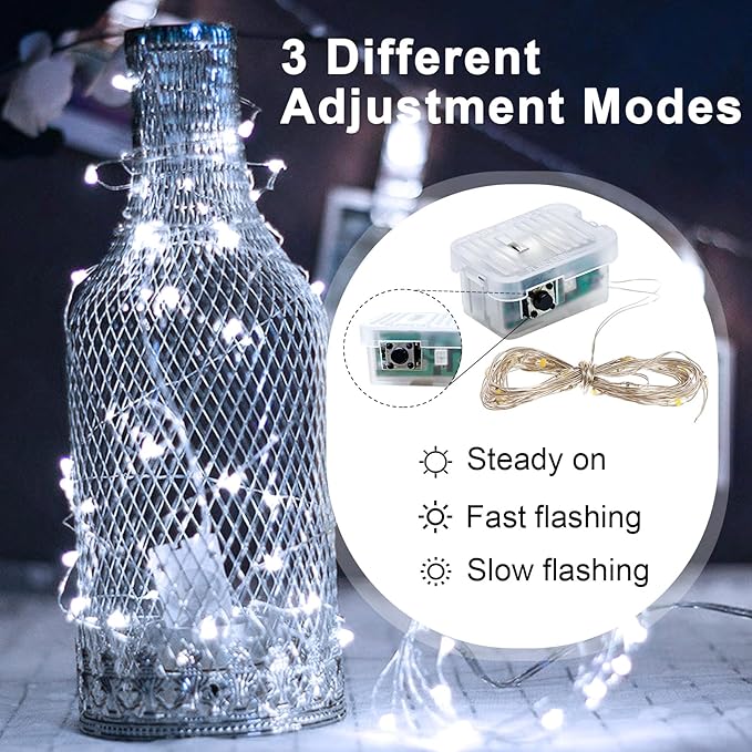 pozzolanas 24 Pack WhiteFairy Lights Battery Operated 3 Modes 7FT 20 LED Waterproof String Lights Twinkle Silver Wire for Mason Jars Wedding Christmas Halloween Party Decor(White, 24 Pack)