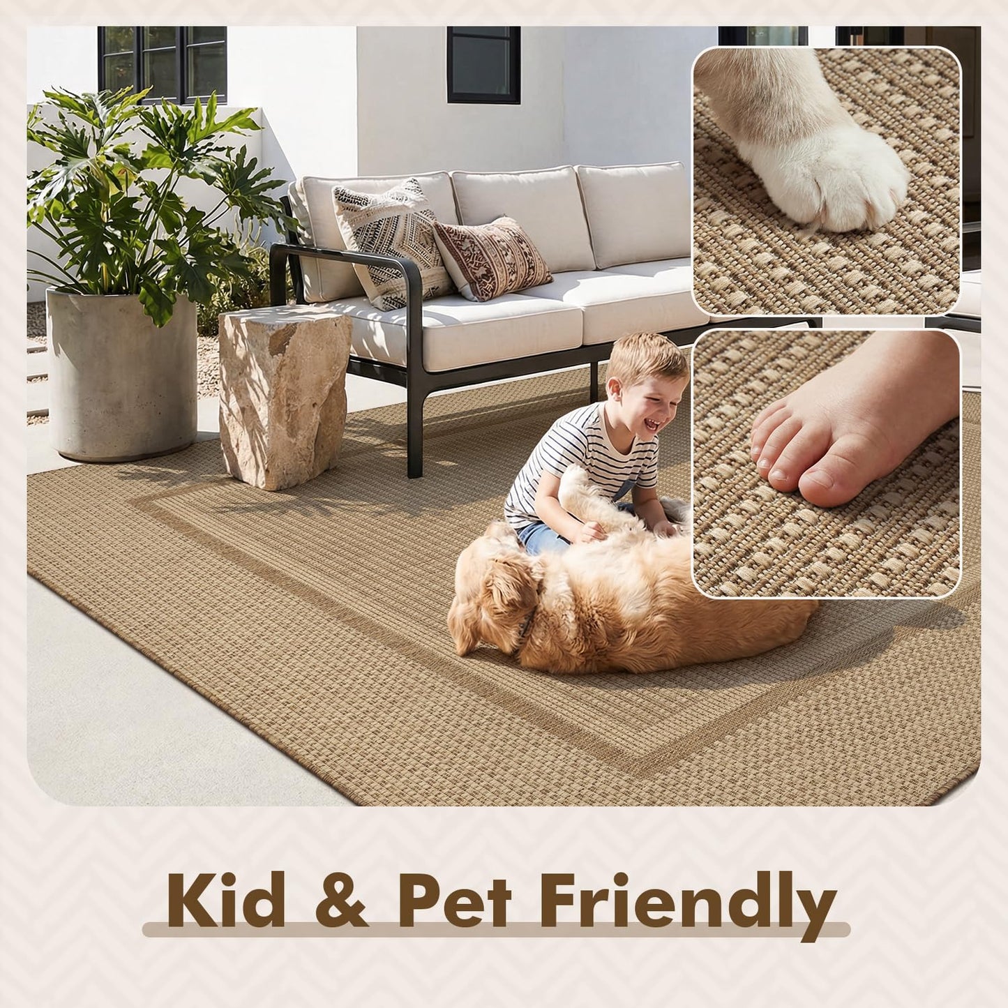 MontVoo-Outdoor Rug-Patio Rug 5x7 ft Polypropylene Indoor Outdoor Rugs Outdoor Carpet for Patio Deck Balcony Porch, Textured Weave, Durable for High Traffic, Fade-Resistant, Modern Neutral Brown