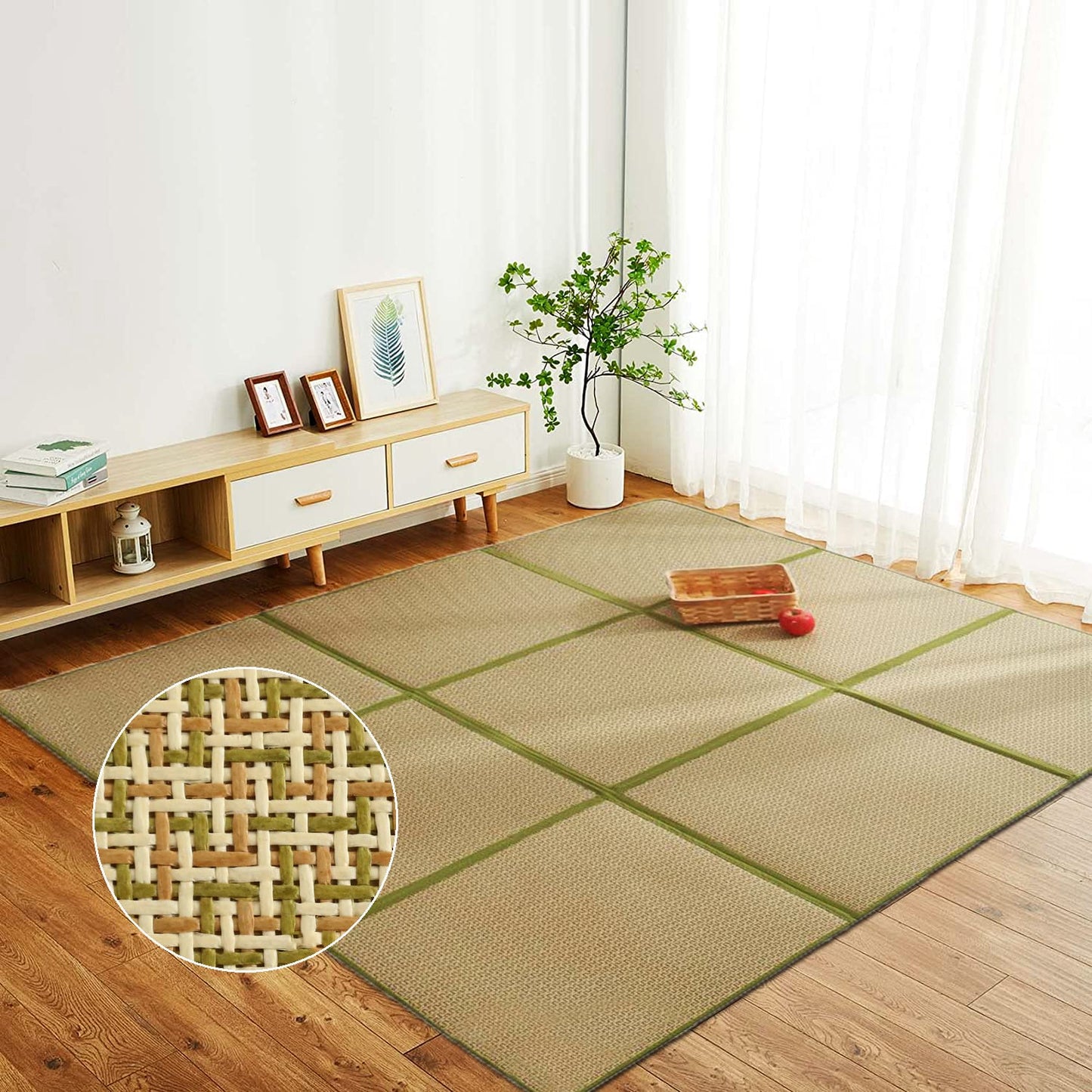 Nisorpa 71'' x 71'' Japanese Tatami Mat Igusa Tatami Mattress 0.47'' Thick Japanese Floor Mattress Rattan Non-Slip Breathable Memory Foam Area Rug Bedroom Mat, Green