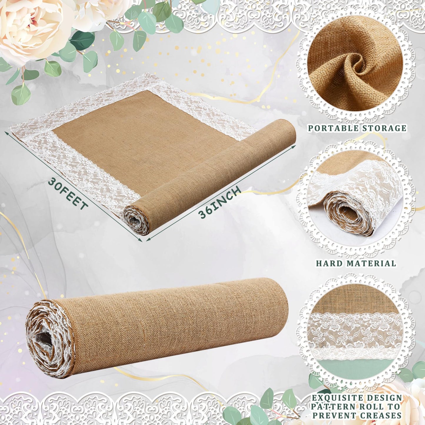 Preboun 3ft x 30 ft Wedding Aisle Runner Outdoor Natural Burlap Aisle Runner for Wedding Ceremony Wide Rustic Jute Carpet Rug with Lace Outdoor Beach Ceremony Decorations for Garden Lawn Church