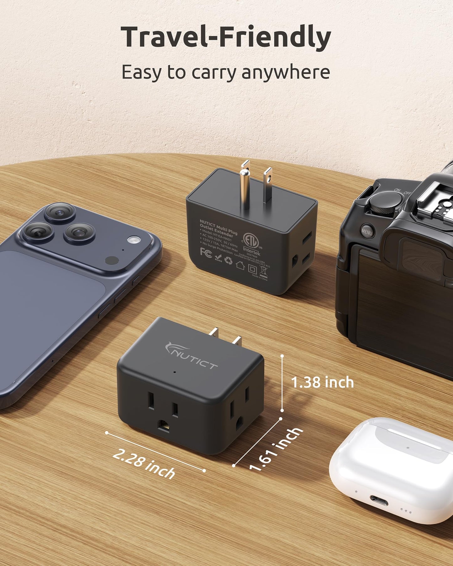 NUTICT Multi Plug Outlet Extender, Small Wall Plug Extender Adapter, Black