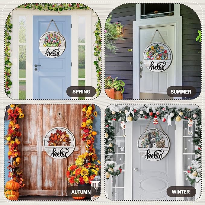 Yousoontic 17 Pcs 12 Inch Magnetic Welcome Door Sign Interchangeable Front Door Decor Rustic Fall Seasonal Hanging Sign Halloween Christmas Decor for Home Warming Gift(Lovely Color,Hello)