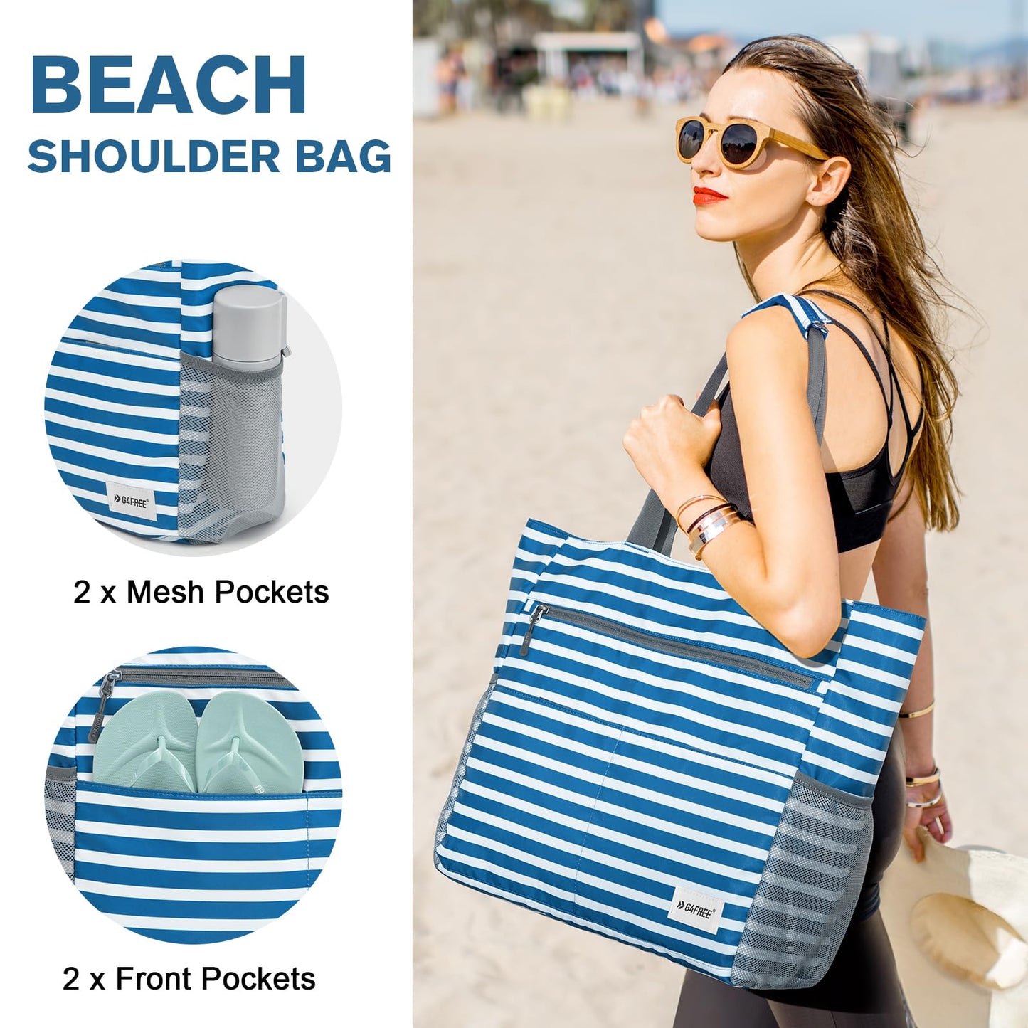 G4Free Beach Bag, Waterproof Sandproof Beach Tote Bag, Large Capacity Foldable for Women, Navy Stripe