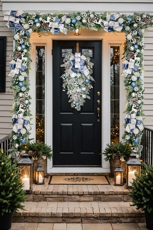 30" Christmas Teardrop Swag for Front Door Artificial Winter Swag Garland with Pine Cones, Berry Clusters, Blue Ball Ornaments and Ribbons for Thanksgiving Holiday Christmas Decoration