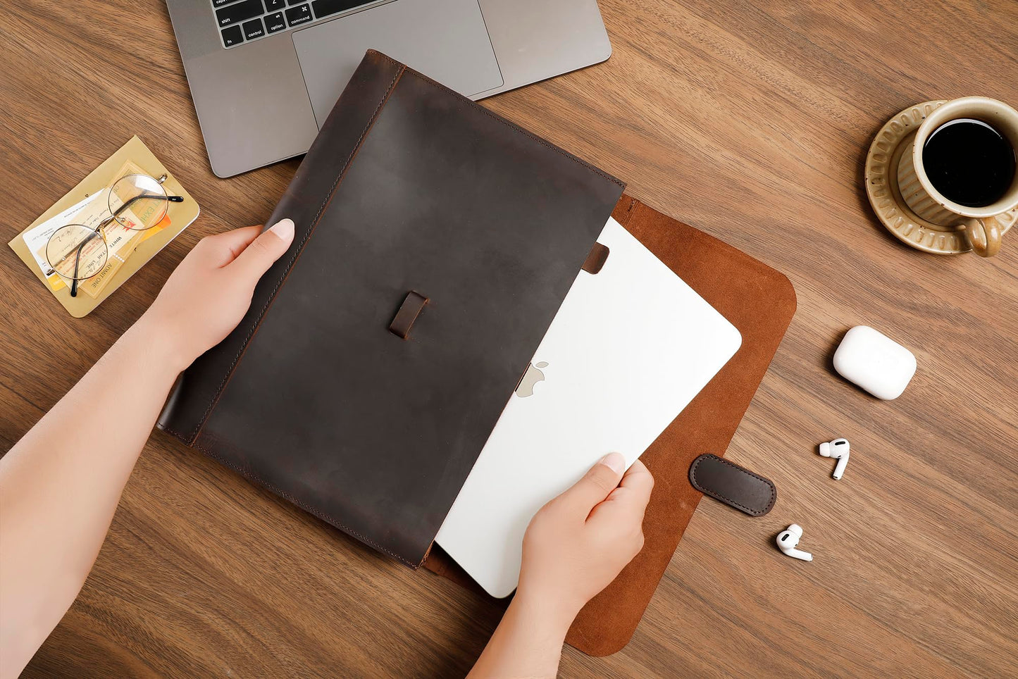 Genuine Leather File Folder, Accordian File Organizer, Leather Document Holder Resume Folio for Men & Women - Dark Brown