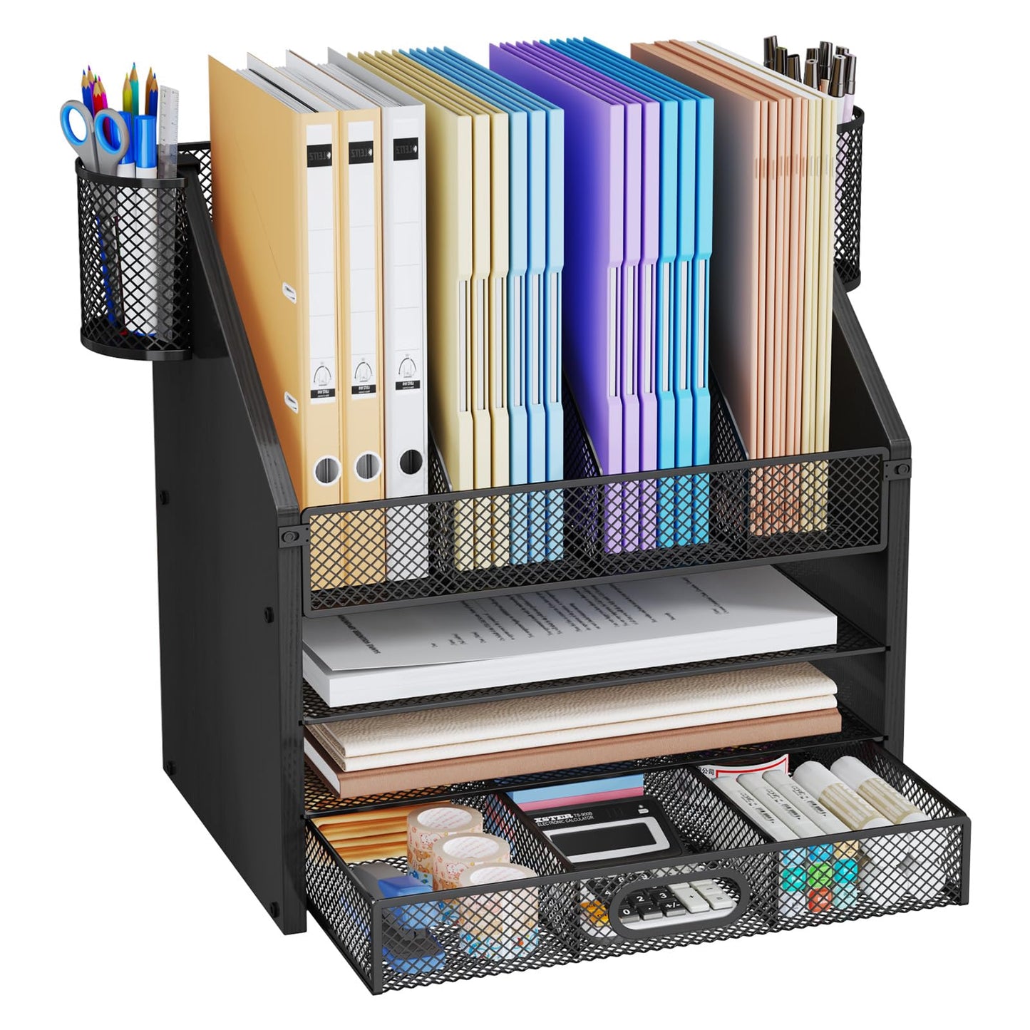 SWTYMIKI Desk Organizer with Drawers - Mesh and Wood Desk File Organizer with Pen Holders, 4-Tier Paper Organizer for Office Organizer and Accessorie, School and Home Storage, Black