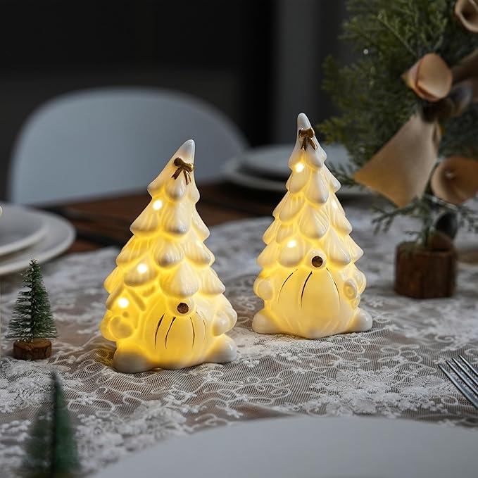 Lighted Christmas Gnome Decoration, 2Pcs White Gnomes Ceramic Christmas Tree with Gold Trims, Small Light Up Gnome Figurines for Prelit Xmas Holiday Table Fireplace Decor