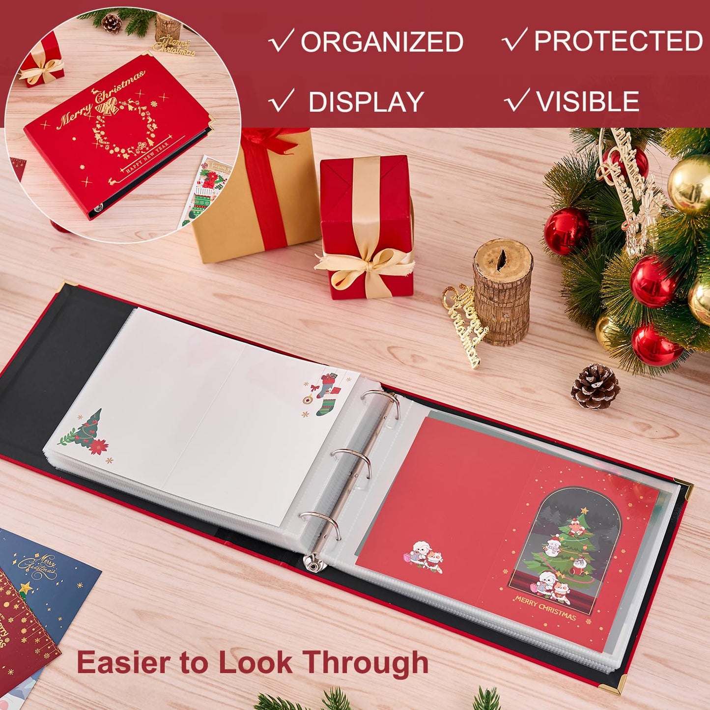 MANWU Christmas cards organizer binder album, greeting cards display organization Storage Holder, Cardkeeper special cards leather book, holds 100 cards (Golden)