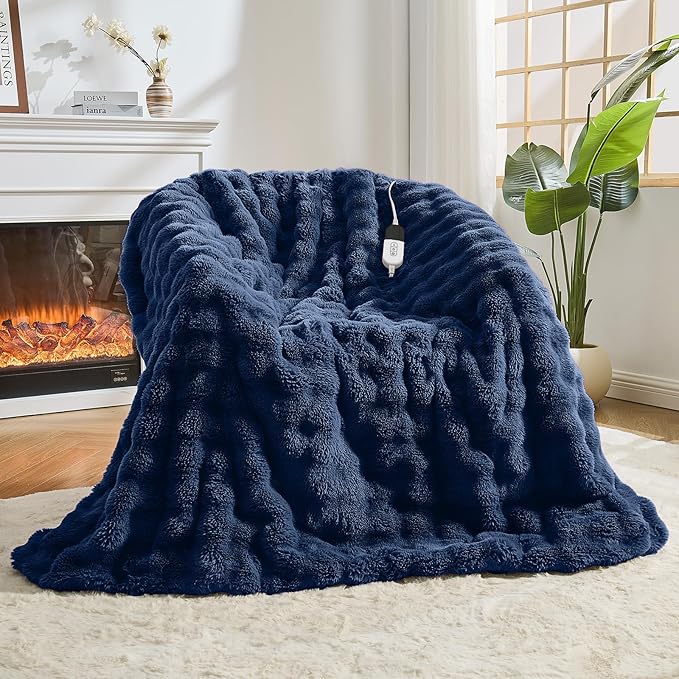 Heated Blanket Electric Throw Blanket 62''X 84''-Heating Blanket with 6 Heat Settings-10 Hours Auto Off,Cozy Faux Rabbit Fur Bubble Electric Blanket,Navy Blue