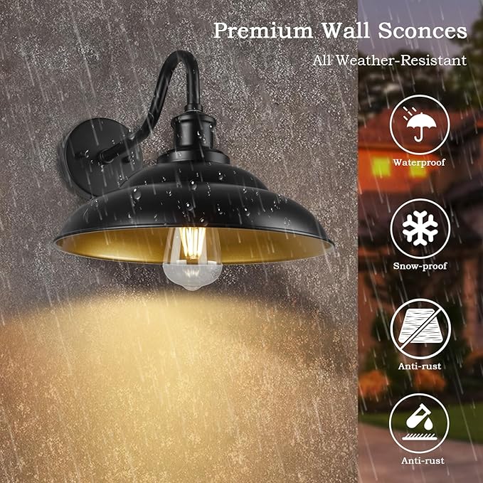 Outdoor Gooseneck Barn Light, 12 Inch Farmhouse Exterior Wall Mount Light, Outdoor Sconce Wall Lighting Fixture, Outside Industrial Black Lantern, Gold Interior, 3 Pack