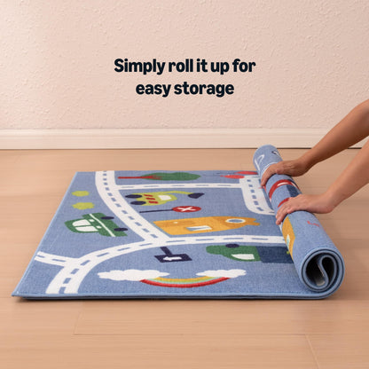 Amazon Basics Kids Washable Area Rug, Printed Carpet Play Mat for Living Room, Bedroom, Nursery, Classroom, 4' W × 6' L, City Road Blue