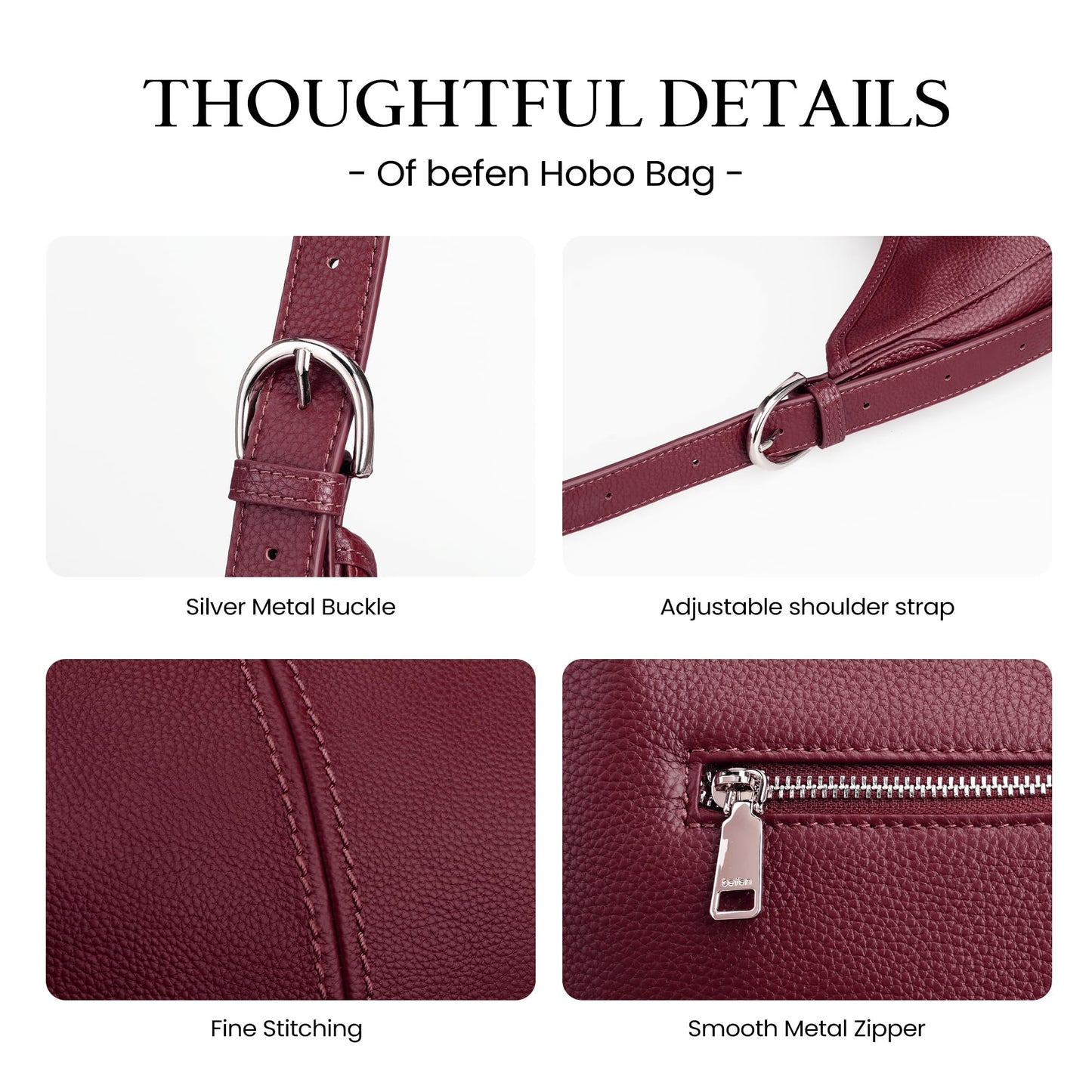befen Genuine Leather Hobo Bags for Women, Soft Real Leather Women's Shoulder Bag Handbags, Shoulder Purse Designer Bags with Adjustable Strap for Daily Work Travel Fall Fashion, Burgundy