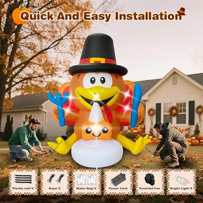 Thanksgiving Inflatables Turkey Outdoor Decorations 5FT Fall Inflatable Turkey with Built-in LED Lights with Cake Blow up Outdoor Lawn Yard Decoration