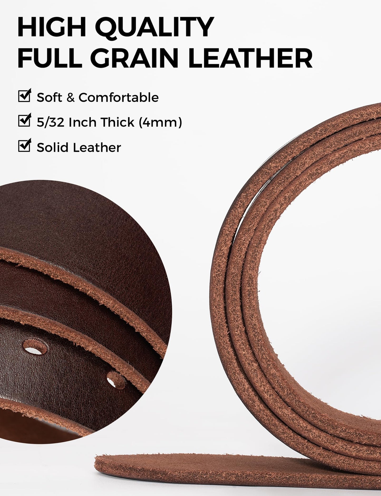 TYWestyles No Buckle Full Grain Leather Belt Men Women Fits With 1.5 Inch Buckle (Dark Brown, M（Fit Waist 31-33)