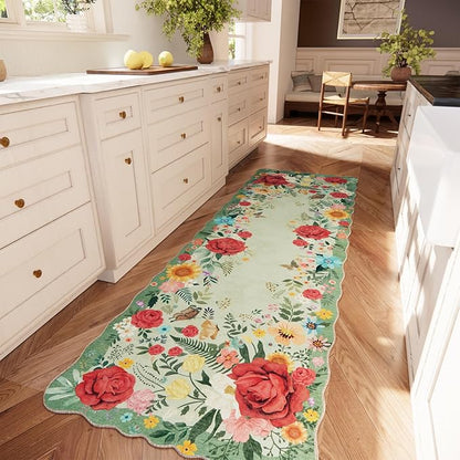 Kitchen Rug Runners for Hallways: 2x6 Washable Runner Rugs for Kitchen Ultra Thin Stain Resistant Non Slip Low Pile Lightweight Floral Carpet for Laundry Room, Bedside Decor (Light Green)
