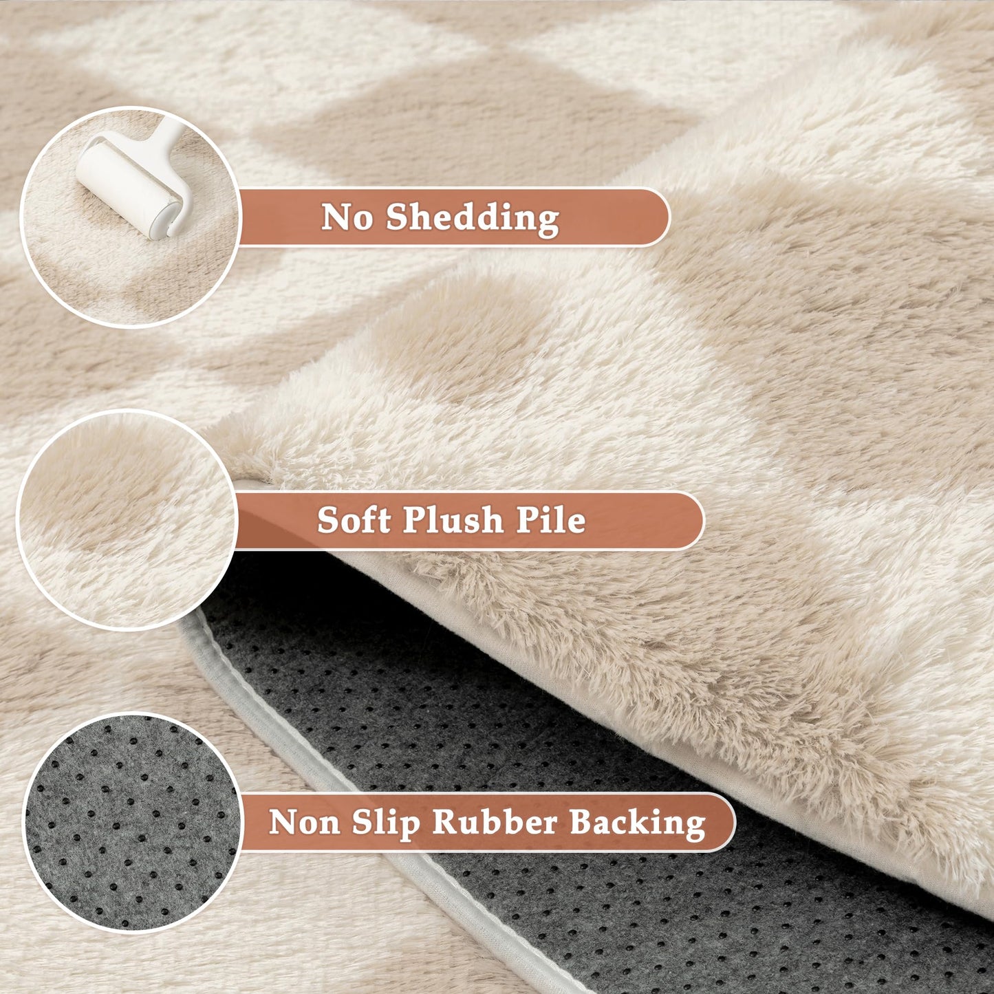PureCozy Checkered Rug 8x10 Fluffy Shag Living Room Beige Area Rug Modern Washable Carpet Soft Shaggy Non Slip Indoor Plush Fuzzy Rugs for Bedroom Dorm Office Home Aesthetic Decor