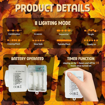 LOLStar Fall Decor Lights, 9.8FT 20 LED Thanksgiving String Lights, Battery Operated (Not Included) with Timer Function and 8 Flash Modes, Pumpkin, Maple Leaf, Acorn Light for Autumn Home Indoor Decor