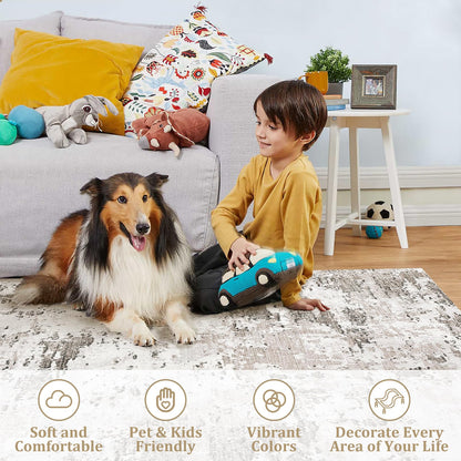ROYHOME 9x12 Modern Abstract Accent Rug Non Slip Stain Resistant Throw Rug Low Pile Machine Washable Indoor Floor Cover for Living Room Bedroom Office Home Decor, Taupe/Beige