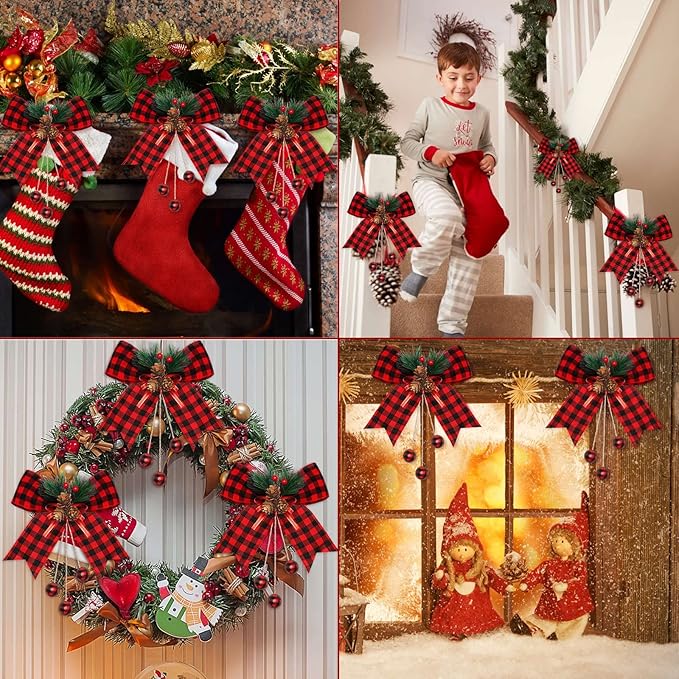 Xinnun 8 Pieces Christmas Buffalo Plaid Bows with Pine Cones Pine Needles Xmas Plaid Bow Ornament Christmas Tree Wreath Decoration for Holiday Parties DIY Crafts Home Decor (Red,Black)