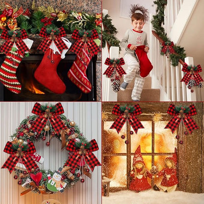 Xinnun 8 Pieces Christmas Buffalo Plaid Bows with Pine Cones Pine Needles Xmas Plaid Bow Ornament Christmas Tree Wreath Decoration for Holiday Parties DIY Crafts Home Decor (Red,Black)