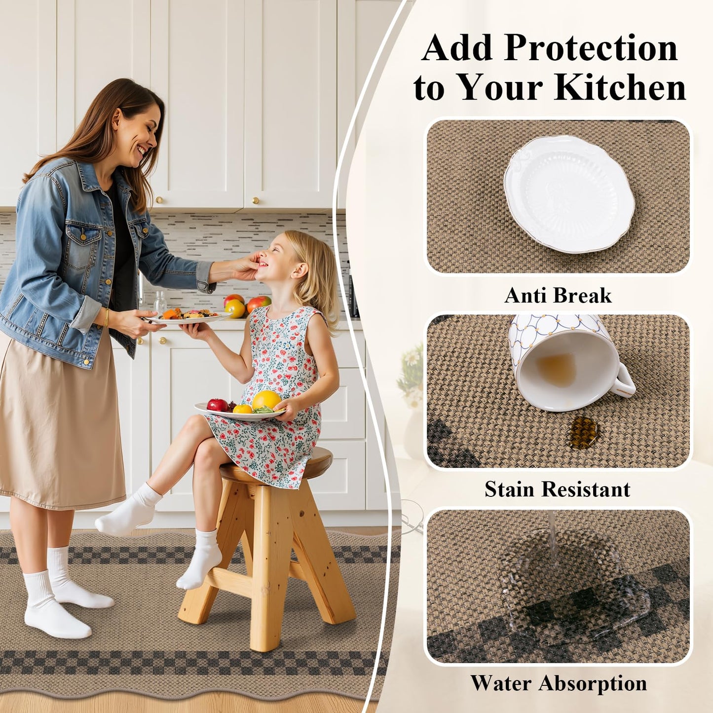 U'Artlines Non-Slip Scalloped Kitchen Rugs Set 3 PCS, 20"x32"+ 20"x48"+20"x59" Washable Low Profile Easy Jute Kitchen Floor Mats Runner Set for Sink Hallway Entryway Laundry Decor(Checked)