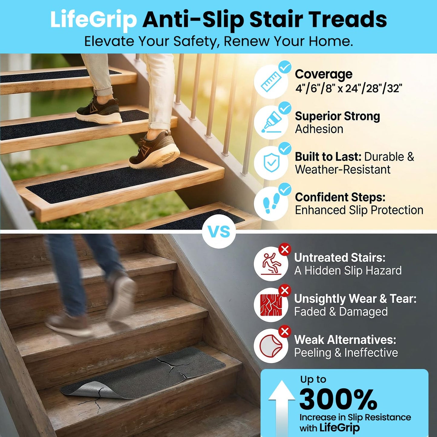 LifeGrip Outdoor Stair Treads Non-Slip 12 Pack, 6"X30" Waterproof Grip Tape for Wooden Steps, Deck, Porch - 80-Grit Adhesive Strips for Dogs, Kids & Elderly Safety