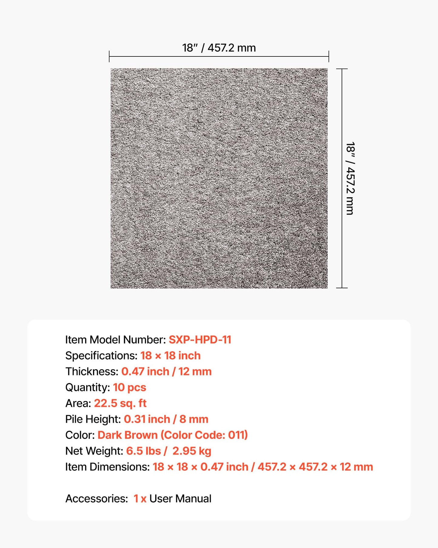 VEVOR Carpet Tiles 18x18 inch, 10 Pack Carpet Square Rug Detachable & Damage-Free, Self Adhesive Home Floor Soft Plush Padded for 22.5sq.ft Coverage, Easy DIY for Living Room & Bedroom, Dark Brown