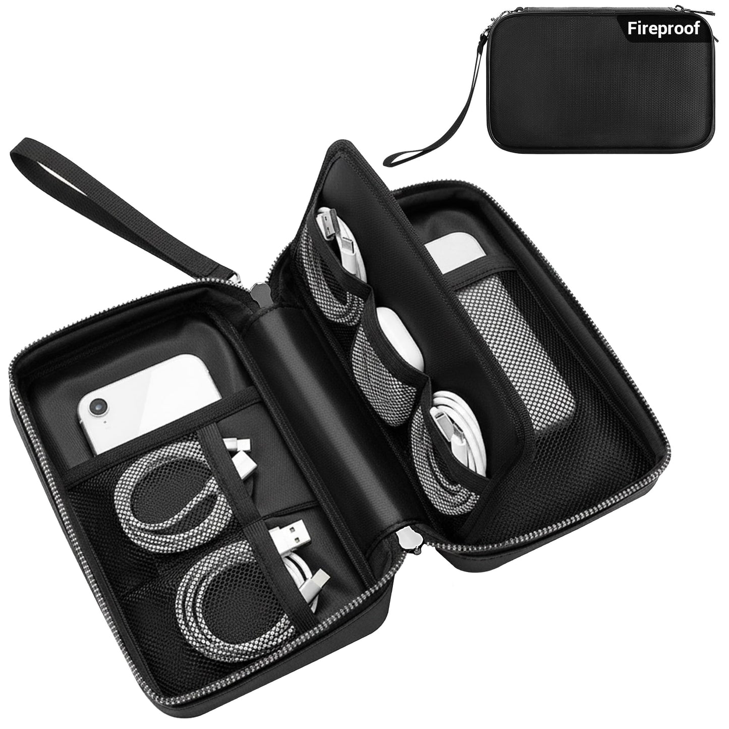 JHSafer Fireproof Electronics Organizer Travel Case, Water Resistant Tech Accessories Pouch, Explosion-proof Cord Storage Bag with Fireproof Zipper for Phone, Power Bank, Cables, USB, Black