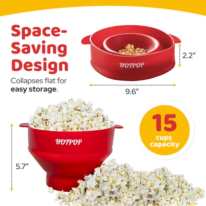 The Orginal HotPop Silicone Popcorn Maker - Microwave Popcorn Popper with Handles - Collapsible Bowl, Heat-Resistant, Easy to Clean, Ideal for Family Movie Nights, 15-Cup Capacity - Red