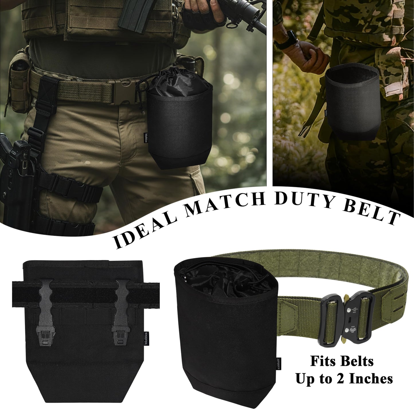 Molitica Molle Dump Pouch,Tactical Mag Dump Pouch with 4 Malice Clips,Compatible with 0.8-2 inch Duty Belt,Utility Nylon Waist Bag for Hunting,Hiking,Range,2.5-3L (Black)