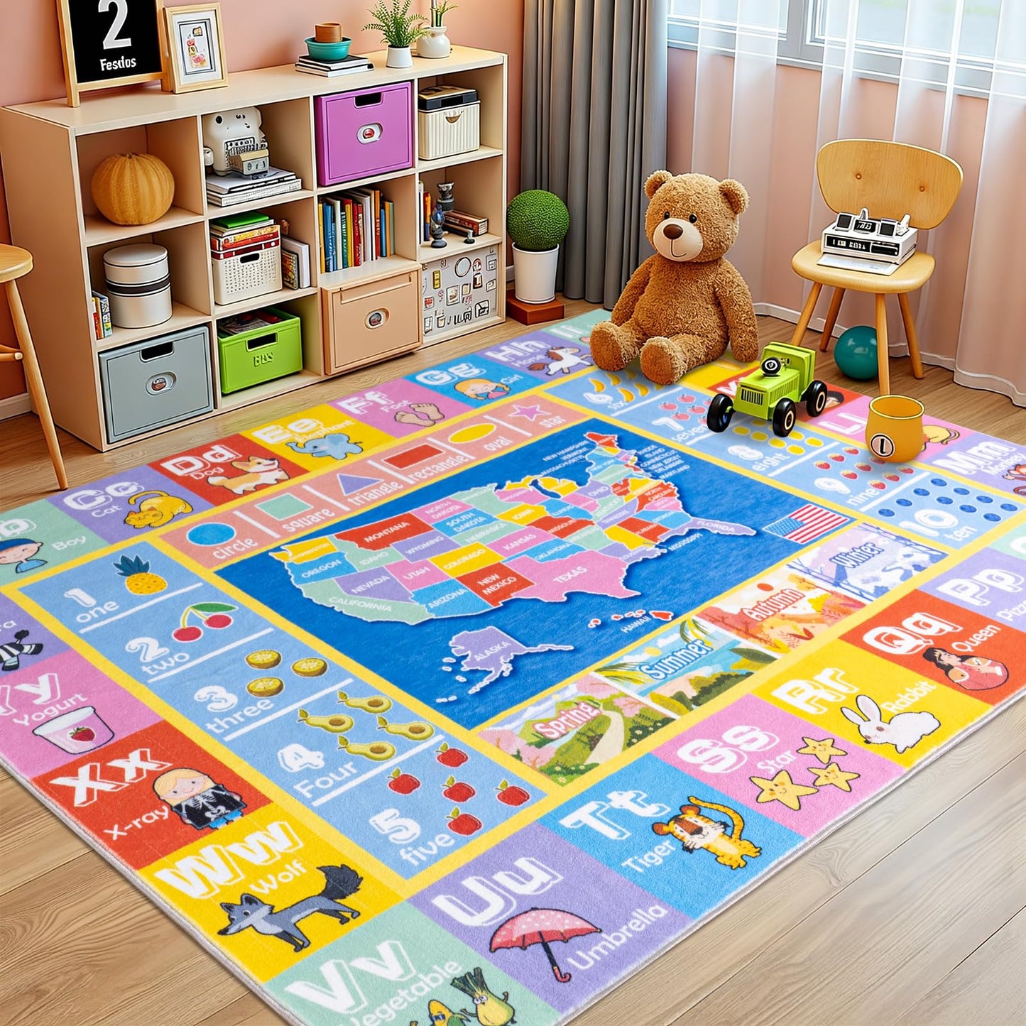 OHDS Kids Rugs for Playroom - Soft & Non-Slip 4x5 Feet Educational Rug for Learning ABC Alphabet, Numbers, Shapes & Map, Washable Classroom Rug for Toddler Nursery & Kids Room Decor
