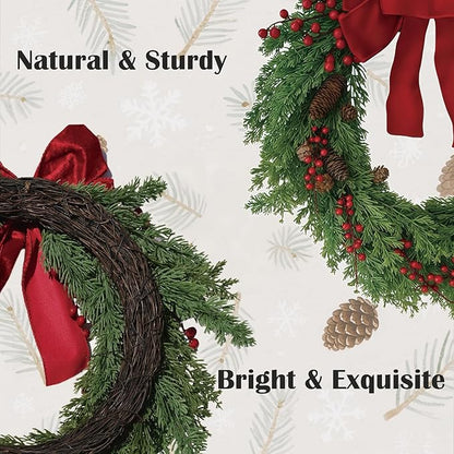 Christmas Wreath for Front Door, Red Bow & Real Pine Cones with Pine Branches & Berries, Artificial Holiday Wreath for Indoor & Outdoor Wall Decor (20 inches)