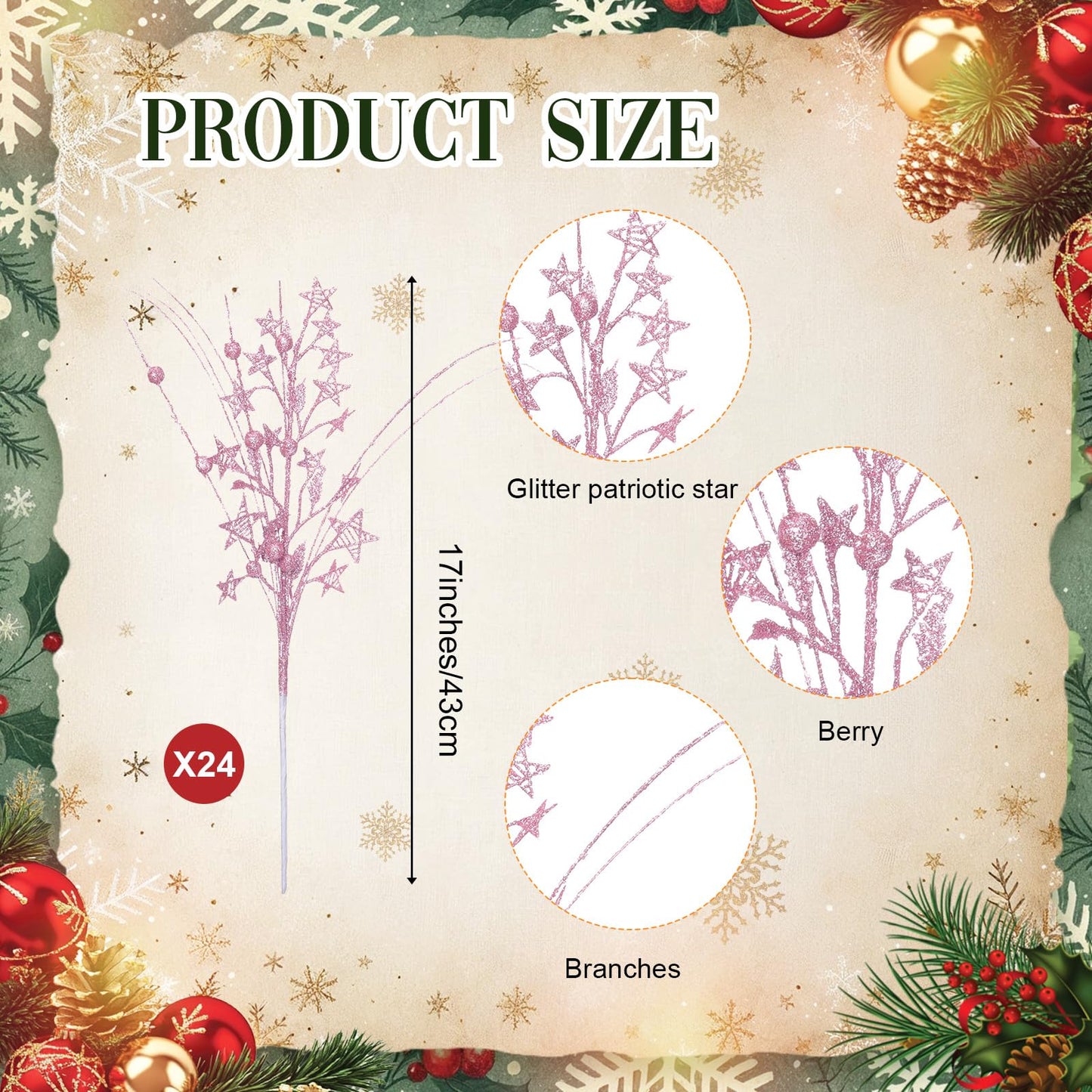 Simgoing 24 Pcs Artificial Christmas Berry Stem Picks Star Picks Faux Floral Berry Spray Branches Christmas Table Centerpiece Home Office Vase Filler Decoration (Pink)