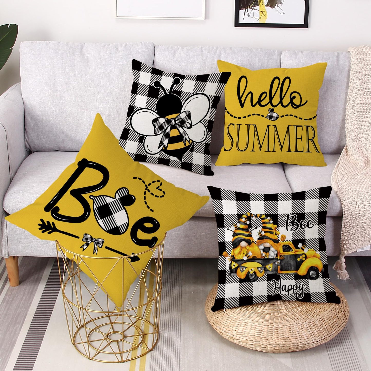 Coeufuedy Summer Bee Throw Pillow Covers 18 x 18 Set of 4 Black and White Buffalo Check Plaids Gnome Bee Summer Decorative Cushion Case for Sofa Couch Garden