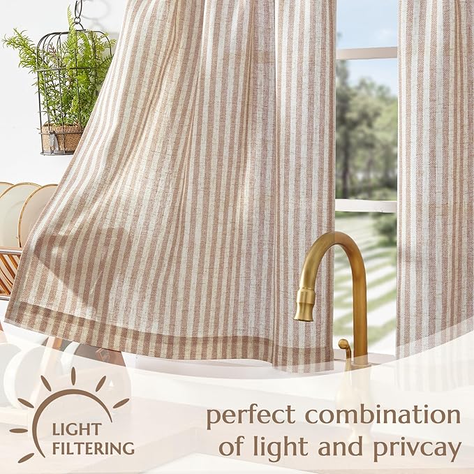 jinchan Striped Linen Kitchen Curtains 24 Inches Length Tier Curtains Farmhouse Modern Cafe Style Small Window Treatments Airy Light Filtering Rod Pocket for Living Room Bathroom 2 Panels Tan