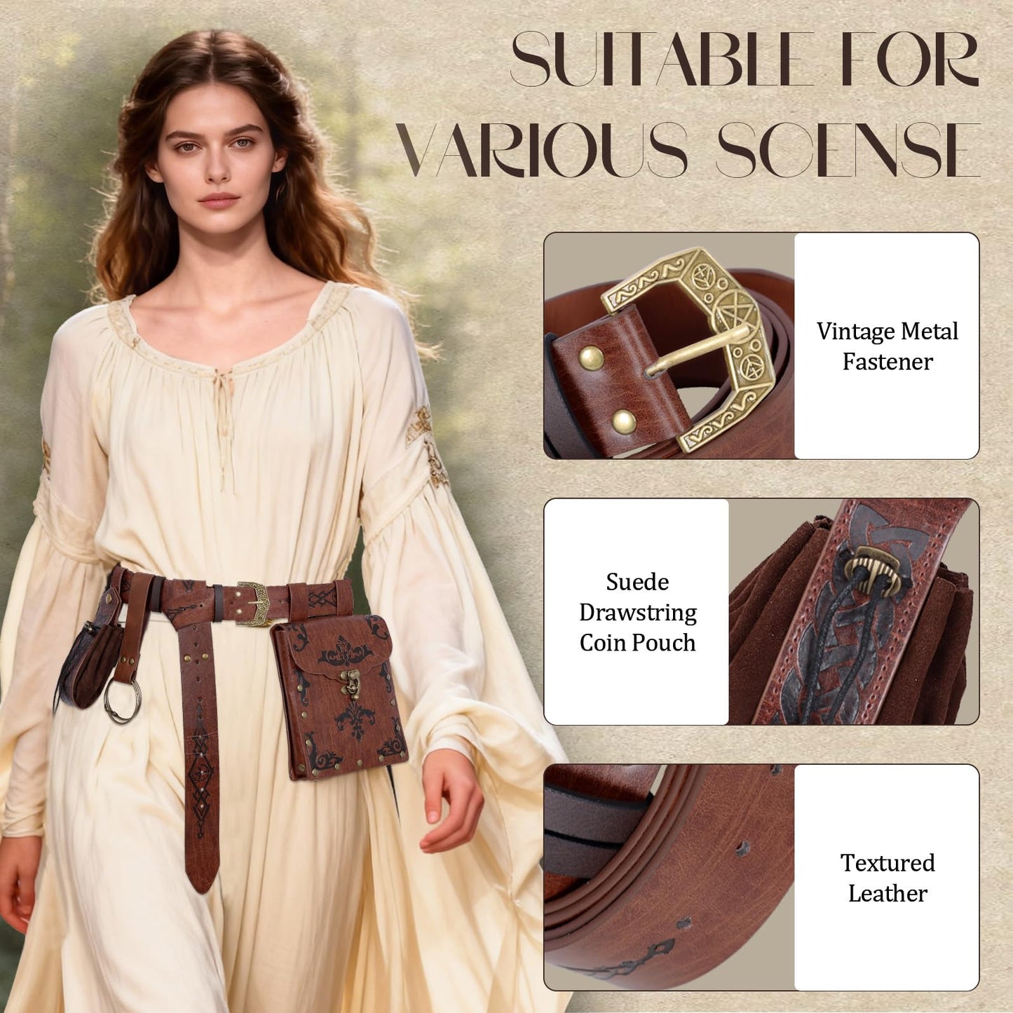 Luazuri Viking Embossed Renaissance Belt Pouch, Vintage Medieval Faux Leather Pirate Belt Pack,Retro Portable Belt Bag For LARP Ren Faire. (Brown C)