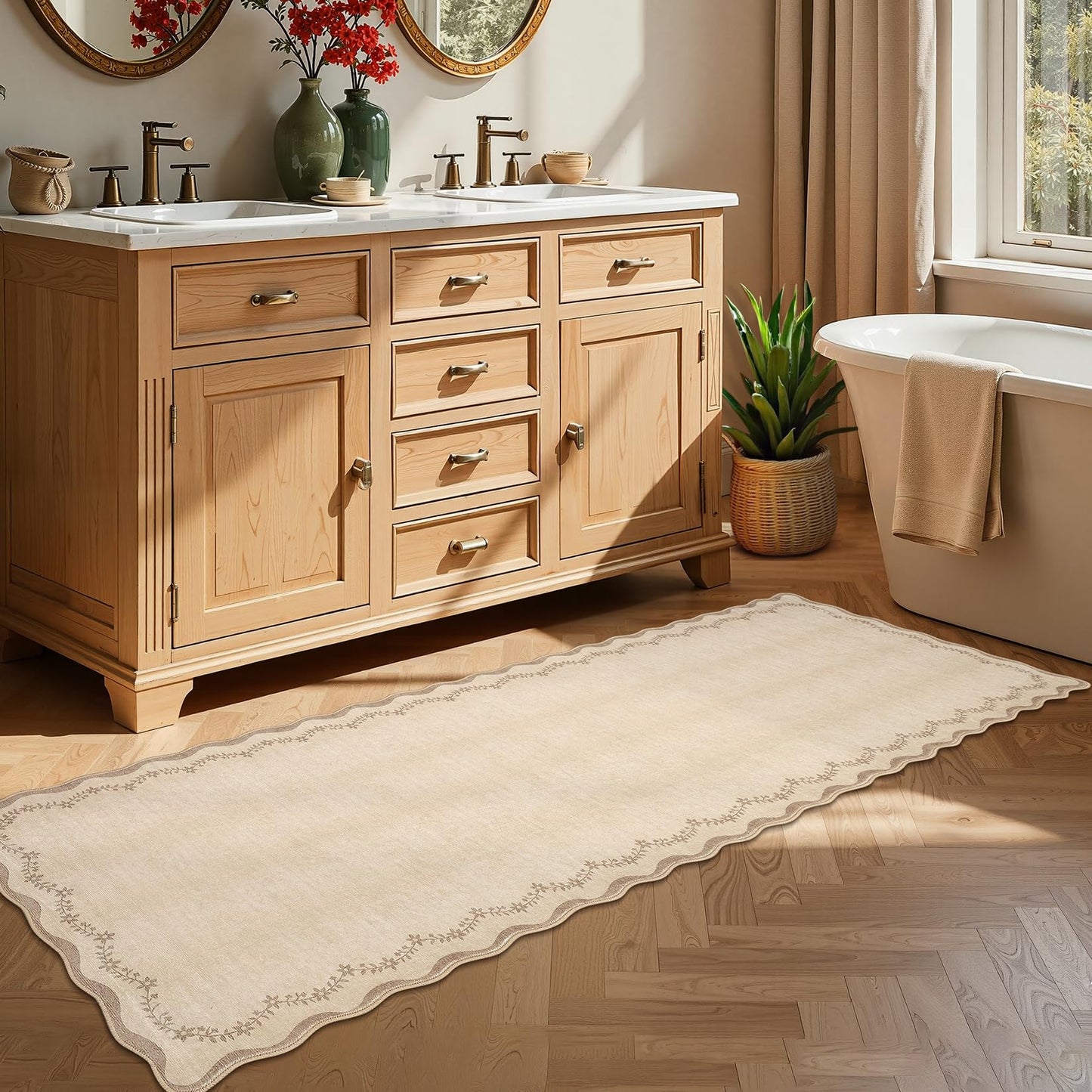 GarveeHome 2x6 Scalloped Washable Runner Rug for Kitchen, Soft Tan Jute Hallway Runner Non Slip Entryway Rug Farmhouse Thin Laundry Mat Stain Resistant Carpet for Bedroom Bathroom Beside Rug