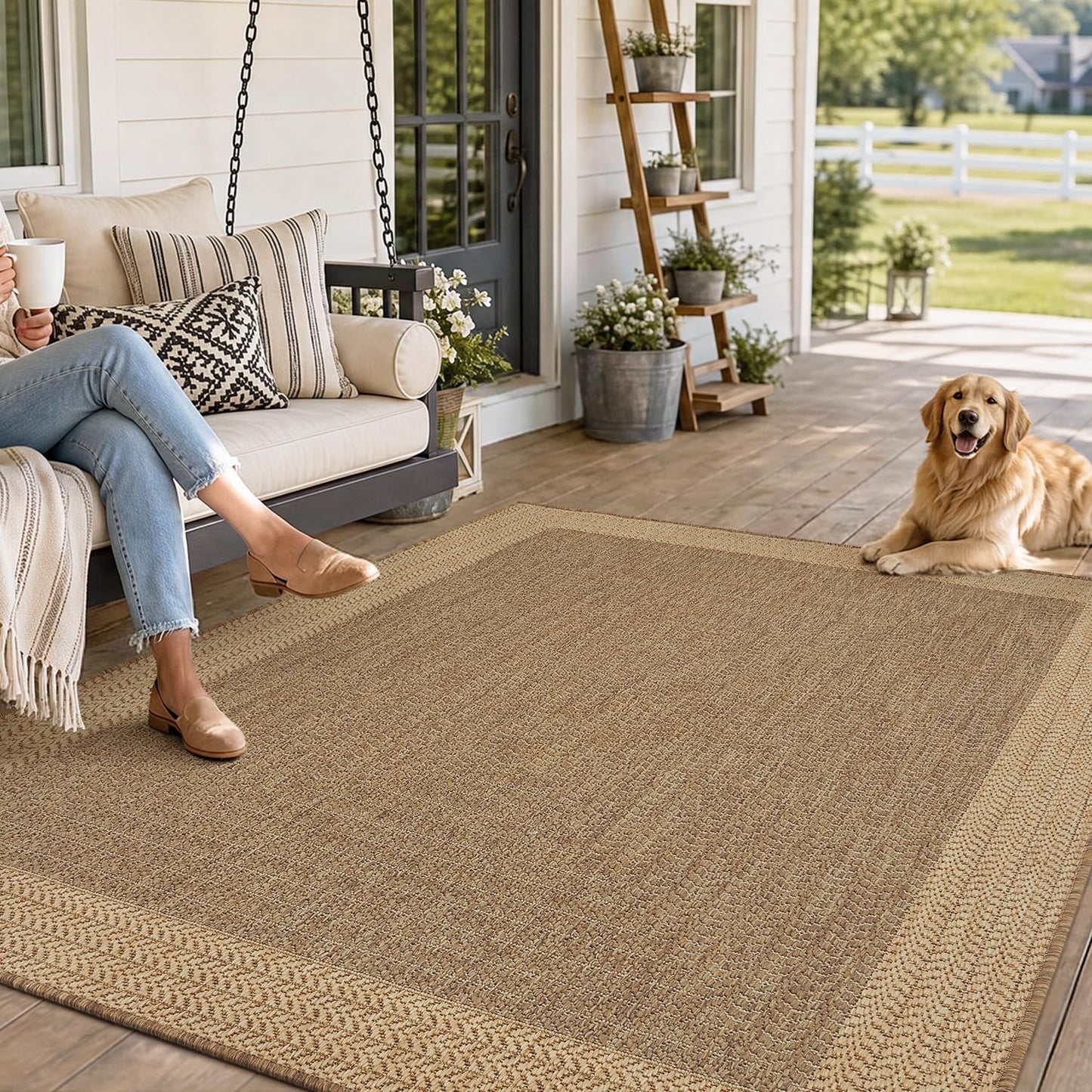 MontVoo-Outdoor Rug-Patio Rug 5x7 ft Polypropylene Indoor Outdoor Rugs Outdoor Carpet for Patio Deck Balcony Porch, Textured Weave, Durable for High Traffic, Fade-Resistant, Modern Neutral Brown