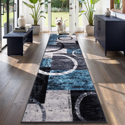 Yamaziot Modern Abstract Runner Rug, Ultra Soft 2x8 Washable Rug with Non-Slip Backing, Low Pile Patchwork Throw Carpet for Hallway, Entryway, Kitchen, Bedroom (Blue, Geometric Circle)
